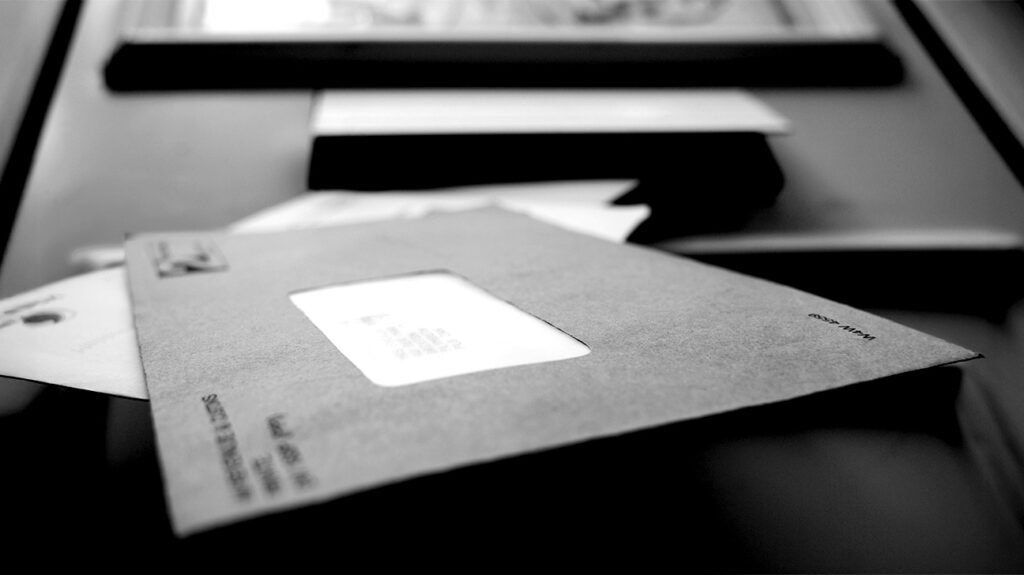 Black and white close up image of an envelope on a table.