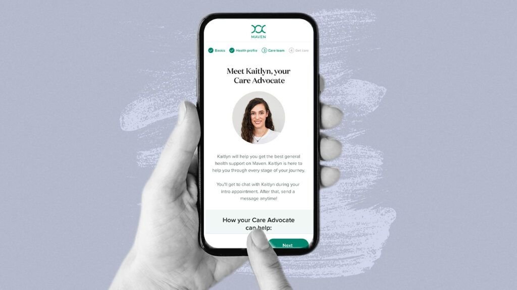 A person holding a phone as they work through the Maven Clinic app