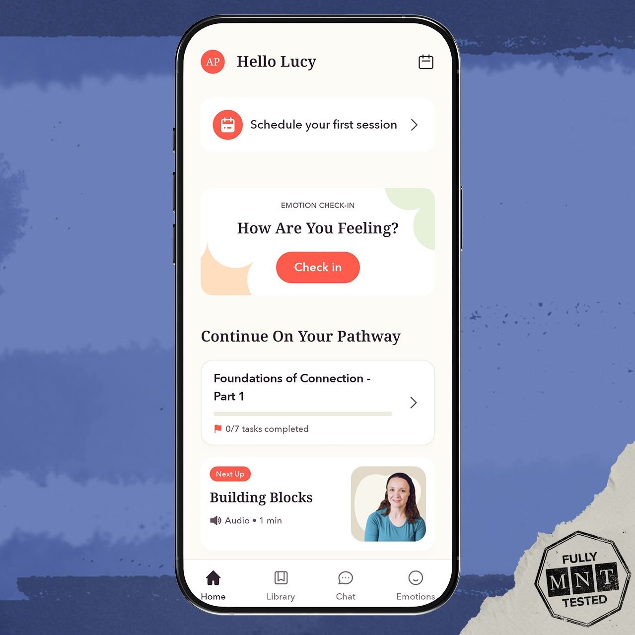 Our Ritual app phone screenshot from tester Lucy, isolated on dark bue background.
