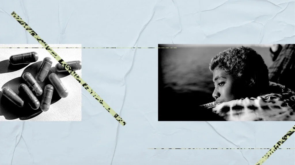 lines-ground-setting-boundaries-header-1024x575-1 Collage of a photo of l-methylfolate supplements and a woman looking pensive due to depression.