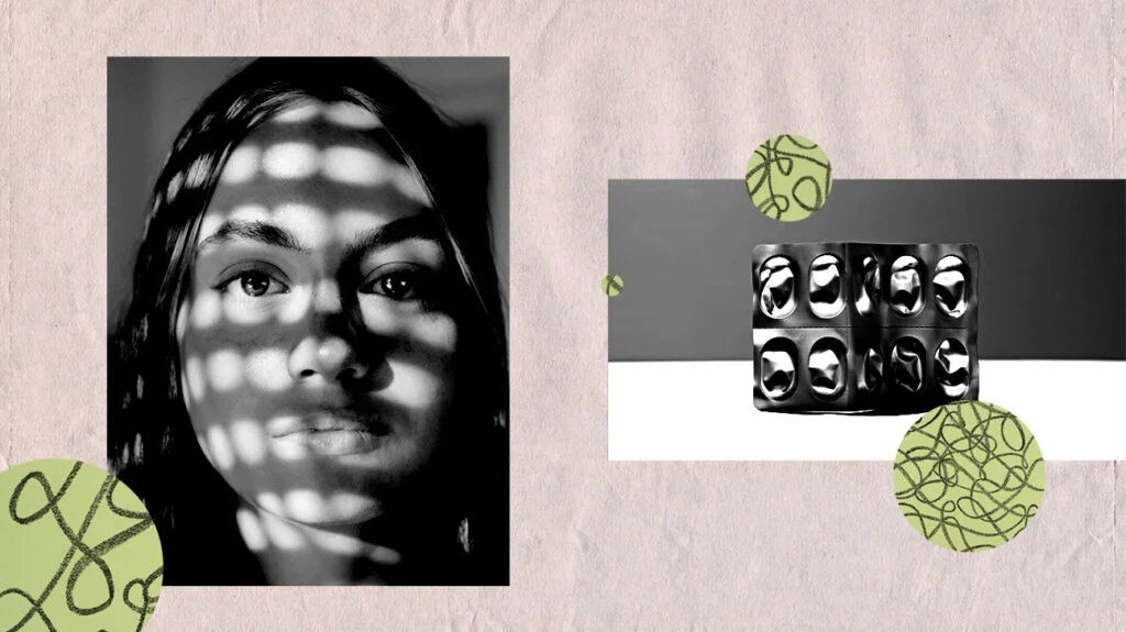 Collage of black and white images: One image is a female with a shadows across her face, the second image is a medication packet